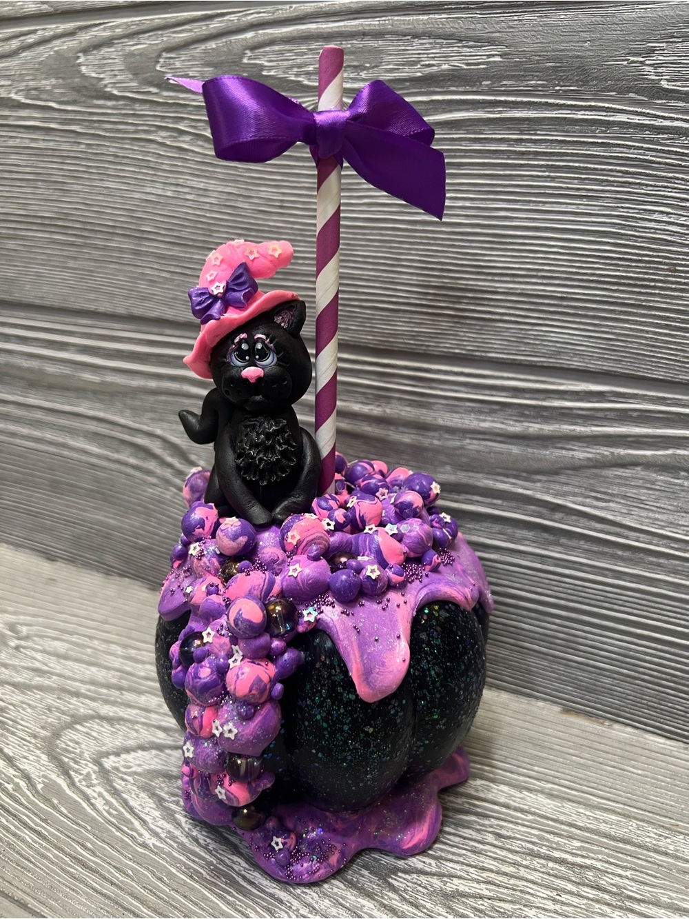Black Cat Witch Pumpkin Ornament in Black and Purple